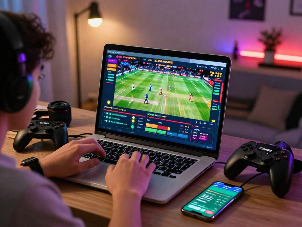 Engaged user experiencing Playin exchange online betting platform in vibrant home office.