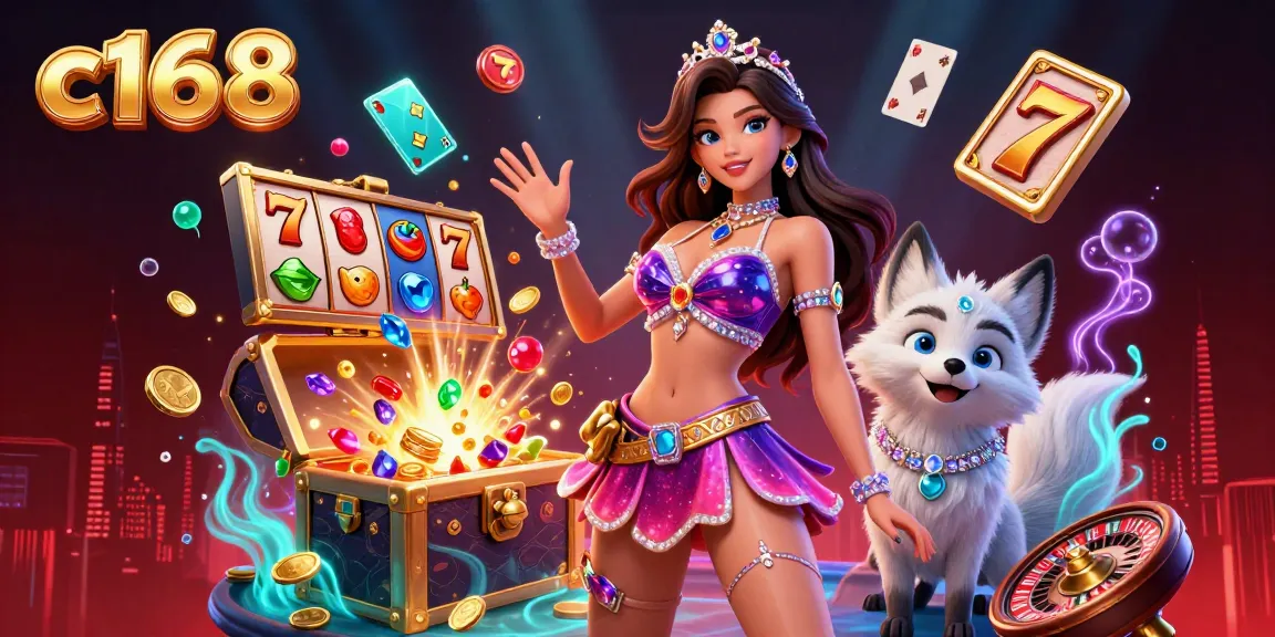 C168 showcases thrilling casino action with vibrant characters and floating slot reels.