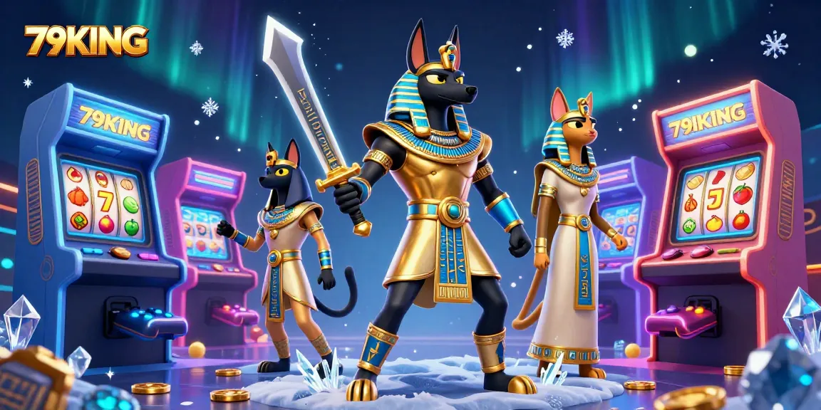 Experience thrilling gameplay at 79KING with Anubis and Bastet amidst colorful casino machines