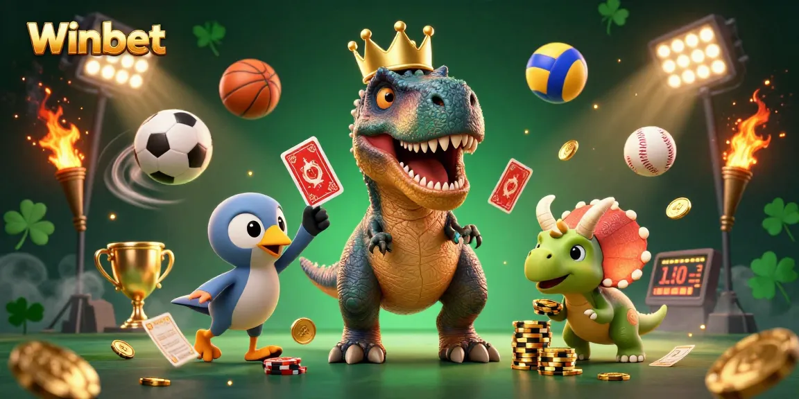 Winbet features a friendly T-Rex shuffling cards while sports balls fly in a vibrant casino scene.