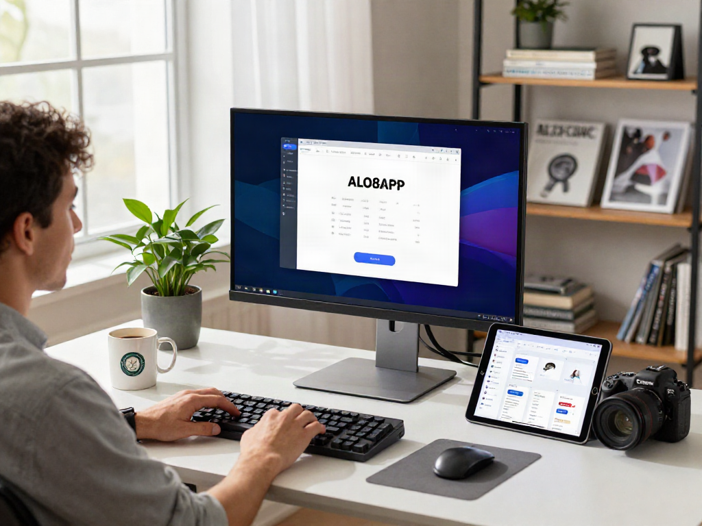 Showcasing the ALO8APP WIN interface in a modern workspace with tech gadgets.
