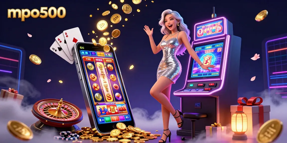 MPO500 celebrates wins with stunning visuals of a joyful woman celebrating a jackpot at a slot machine.
