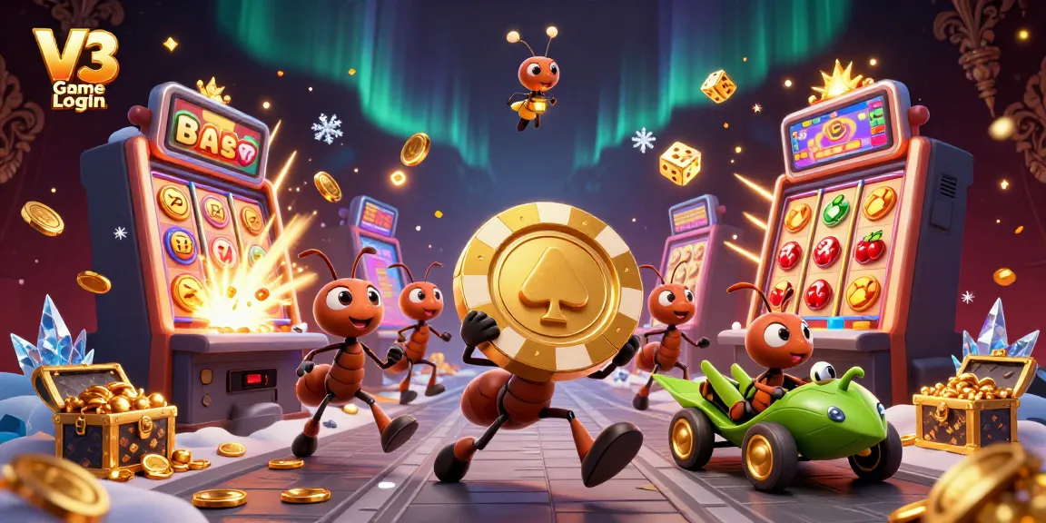 Engage in V3 Game Login with vibrant casino-themed 3D heist illustration featuring ants and gaming elements.