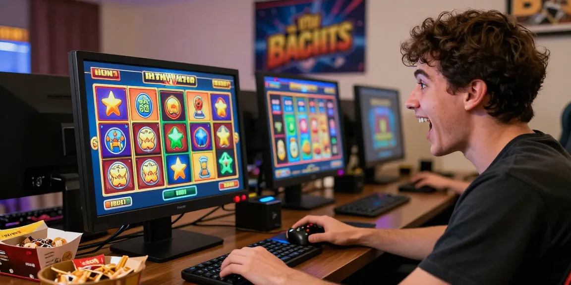 Kemenangan dalam permainan slot jackpot, pemain bahagia di ruang permainan yang nyaman.