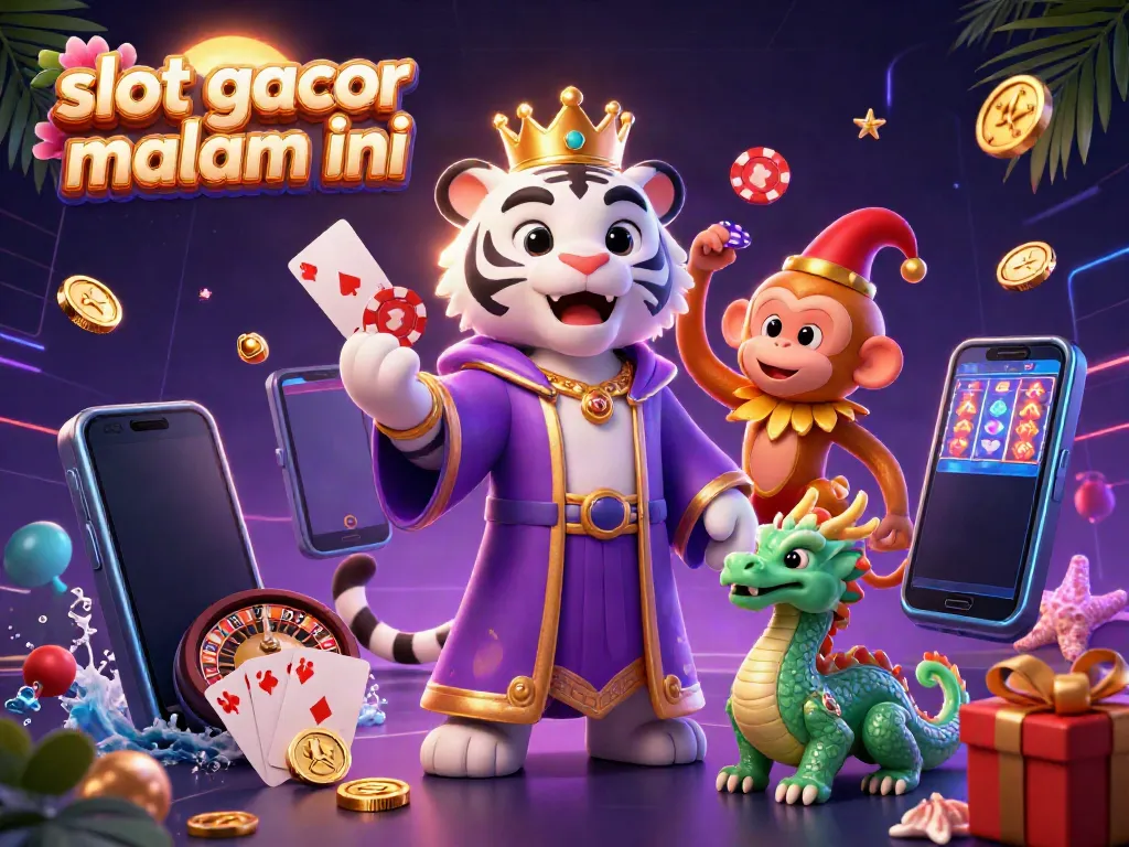 Menangkan di slot gacor malam ini dengan ilustrasi kasino berwarna-warni dan karakter unik.