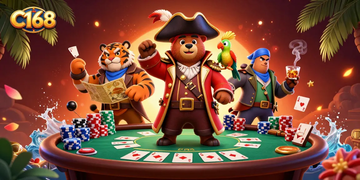 C168 engages players with a vibrant scene featuring a pirate captain bear and friends at a poker table.
