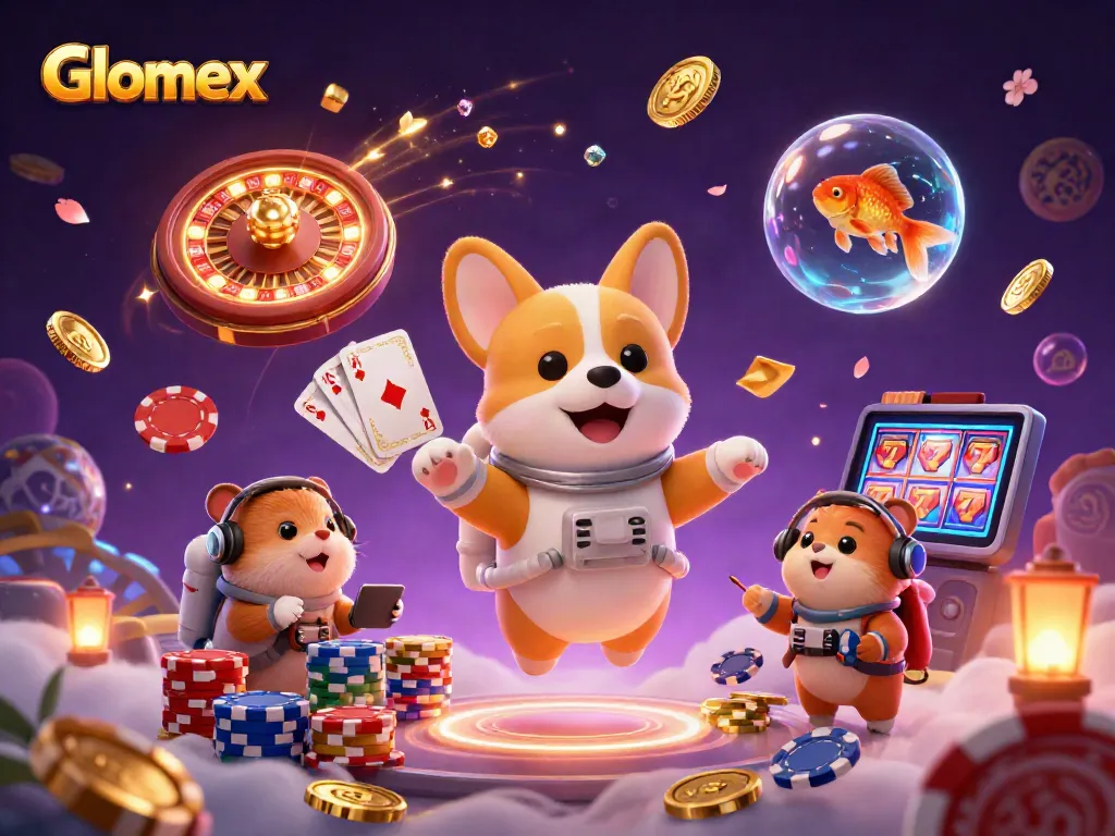 Glomex showcases an imaginative casino scene with floating poker chips, a corgi astronaut, and magical elements.