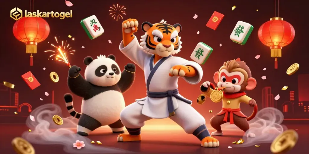 Engage with laskartogel as the kung fu tiger master showcases skills amidst festive gaming elements.