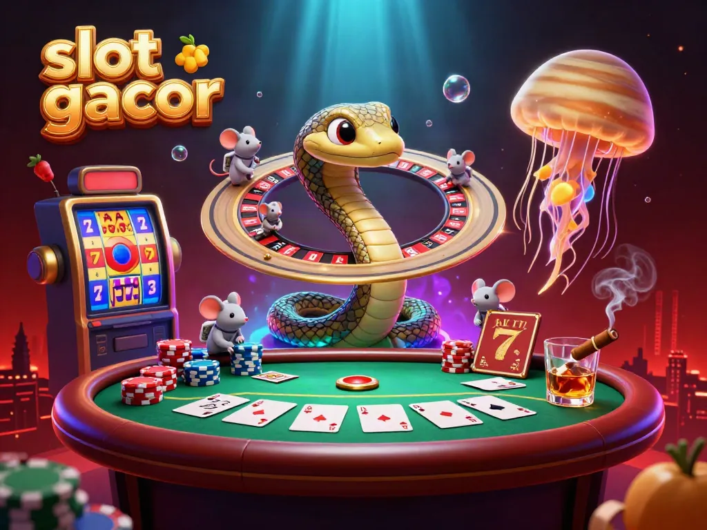 Place bets on the slot gacor scene featuring animated cosmic elements and a poker table.