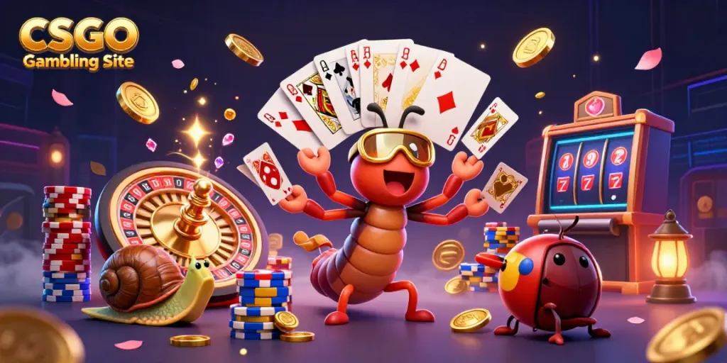Experience the thrill of a CSGO Gambling Site with a vibrant 3D illustration featuring unique characters, dazzling game elements, and a dynamic casino atmosphere.