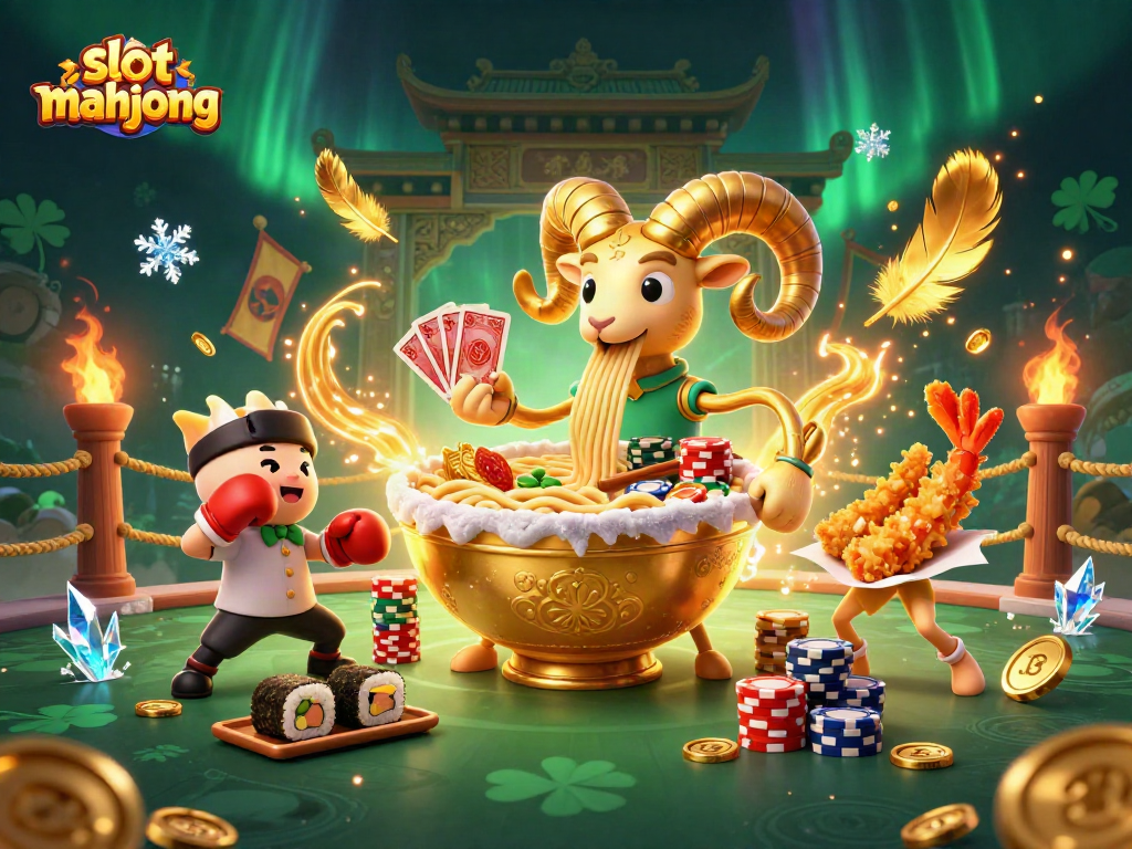 Engage in thrilling slot mahjong action with a vibrant 3D illustration featuring a golden ramen bowl dealer.