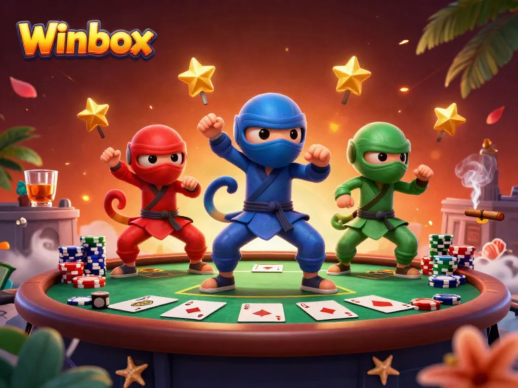 Winbox showcases a dynamic team of chameleon ninjas in action with poker elements surrounding them.
