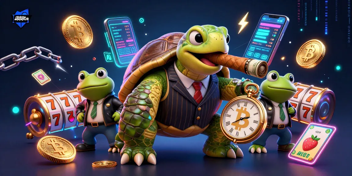 Engage with u888com's vibrant casino scene featuring a turtle mobster and bullfrogs amidst glowing slot reels.