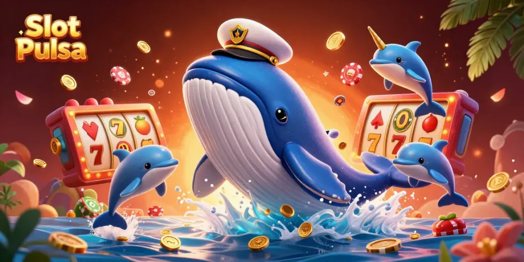 Slot Pulsa dengan ikan paus raksasa, narwhal, dan lumba-lumba beraksi di antara koin emas.