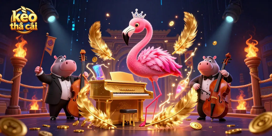 Engage with kèo nhà cái through a vibrant casino scene featuring a flamingo singer and hippo bassist.