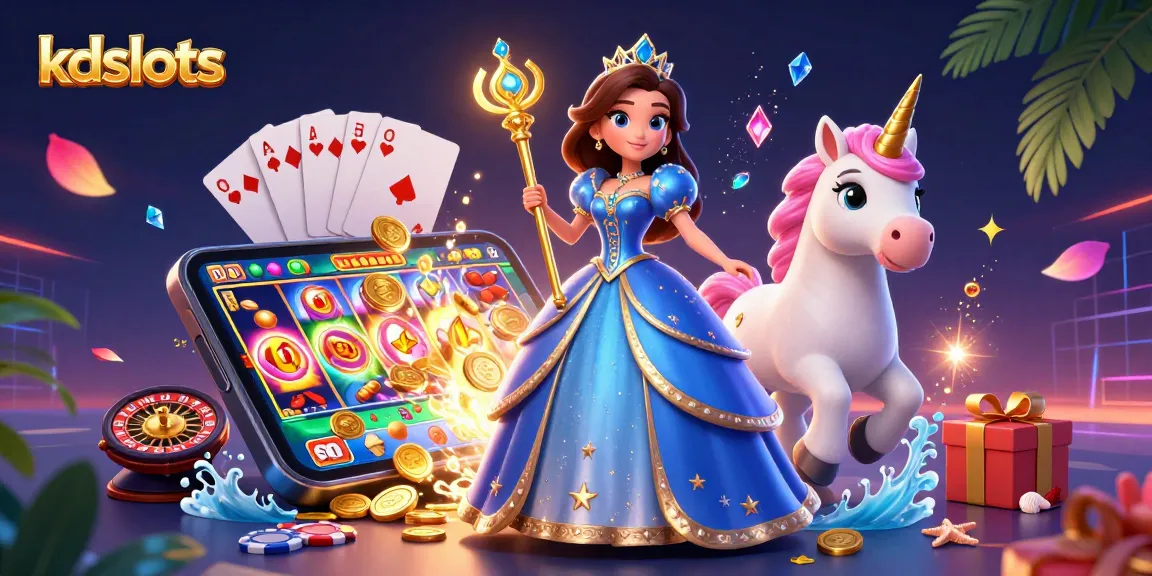 KDslots showcases an enchanting illustration of a royal character and unicorn in a vibrant casino atmosphere.