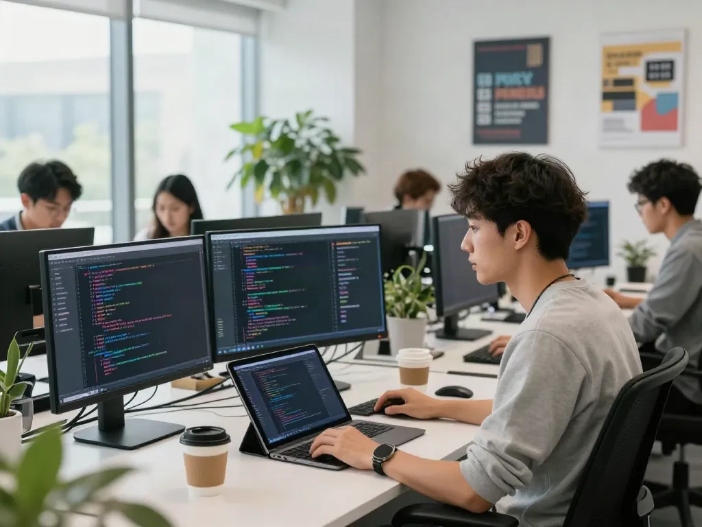 Team coding collaboration in a modern tech workspace featuring vibrant screens and creative energy around a80.