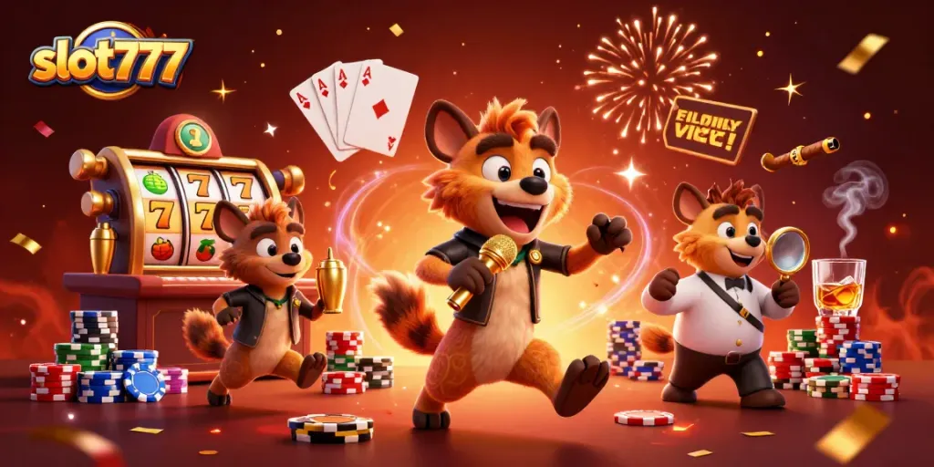 Gambarkan pengalaman bermain slot777 dengan karakter hyena di kasino ceria yang penuh warna.