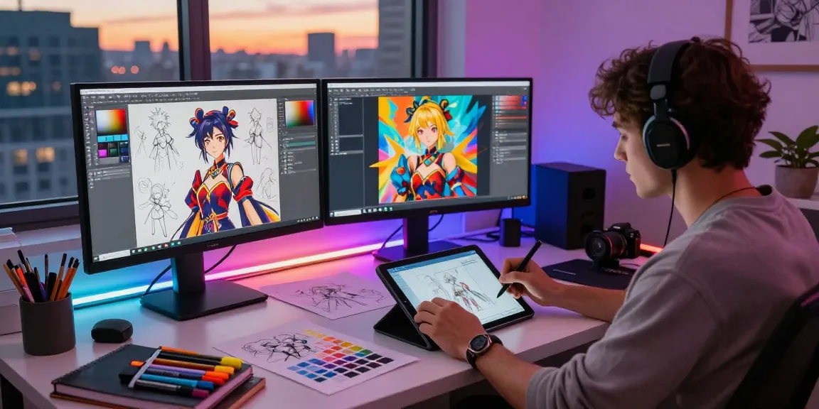 Creating NSFW AI artwork in a vibrant digital art studio with monitors and colorful sketches.