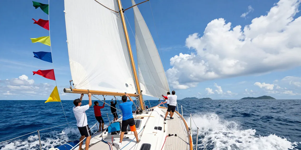 Sailors adjusting sails on a vibrant yacht during a sunny day, embodying the thrill of slot 5k sailing adventures.