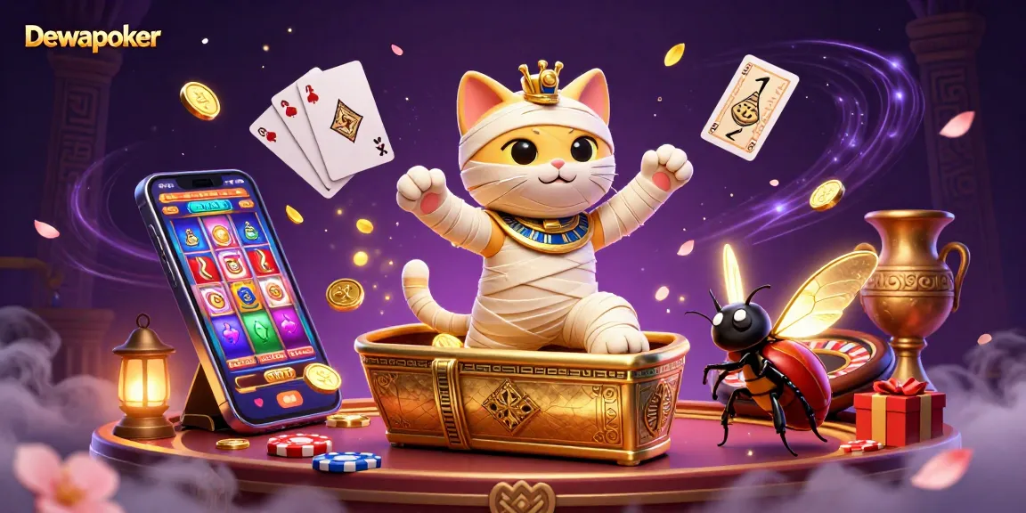 Dewapoker: Experience thrilling poker gameplay featured with a vibrant mummy cat and casino elements.