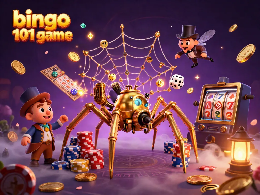 Gamer menikmati permainan bingo 101 game dengan kartu bingo, koin, dan chip poker di latar belakang.