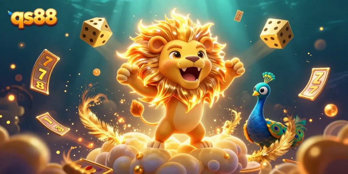 Play slots with qs88, featuring a roaring sun lion, golden dice, and vibrant casino elements.