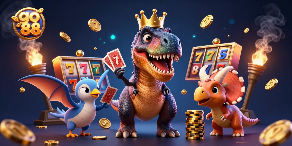 Engage with go 88 as a friendly dinosaur duo showcases casino games while stacking golden chips.