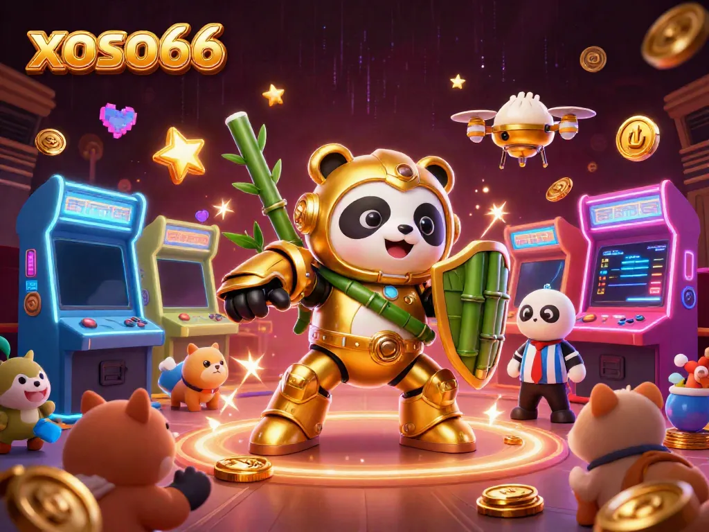 Engage in thrilling gameplay at xoso66, featuring a mech-suit panda in a vibrant arcade casino setting.
