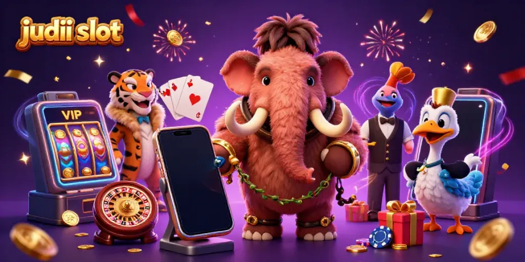 Experience judi slot excitement with a 3D cartoon scene featuring engaging casino characters and vibrant game elements.