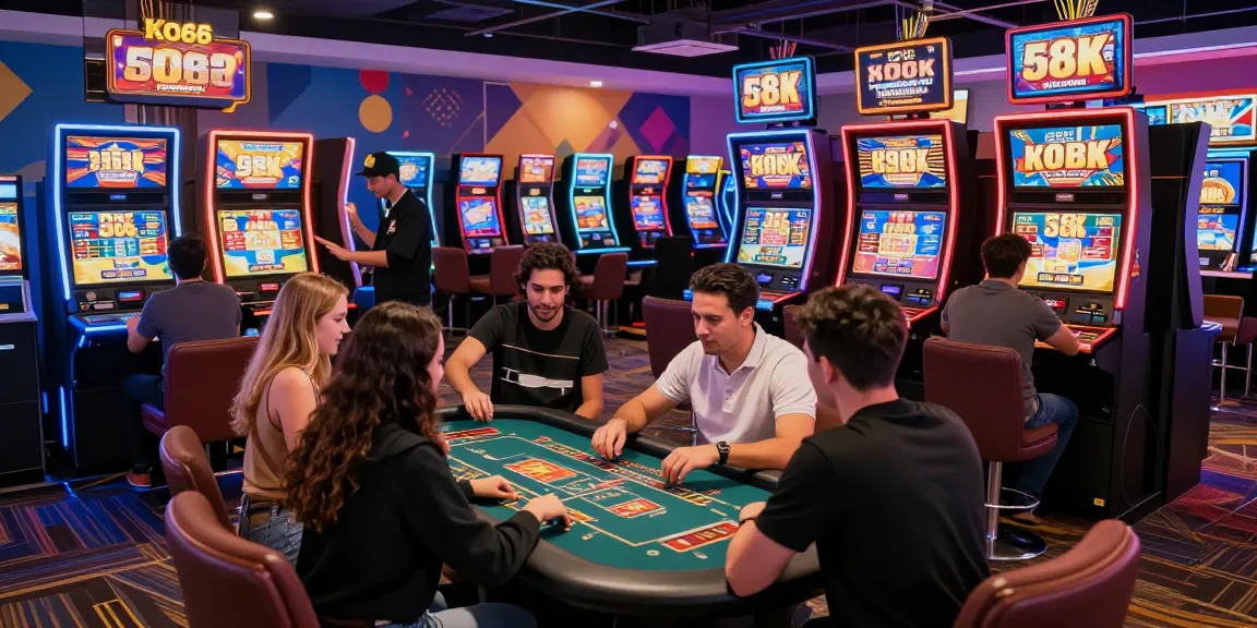 KO66 Casino gaming scene with diverse players enjoying gaming stations and lively atmosphere.