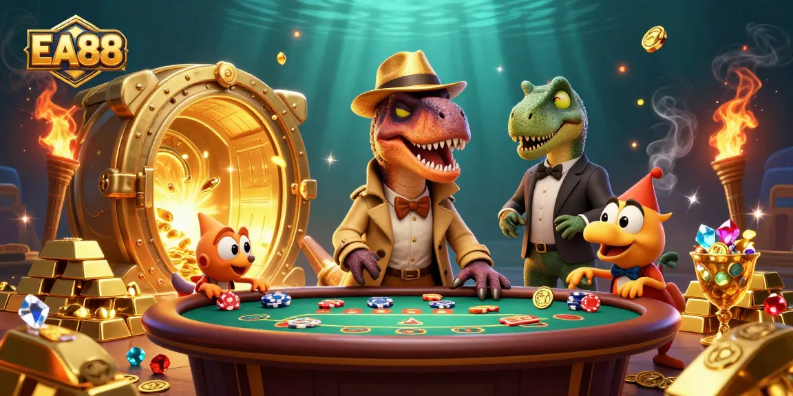 Experience the excitement of EA88's 3D casino realm with unique characters at a blackjack table.