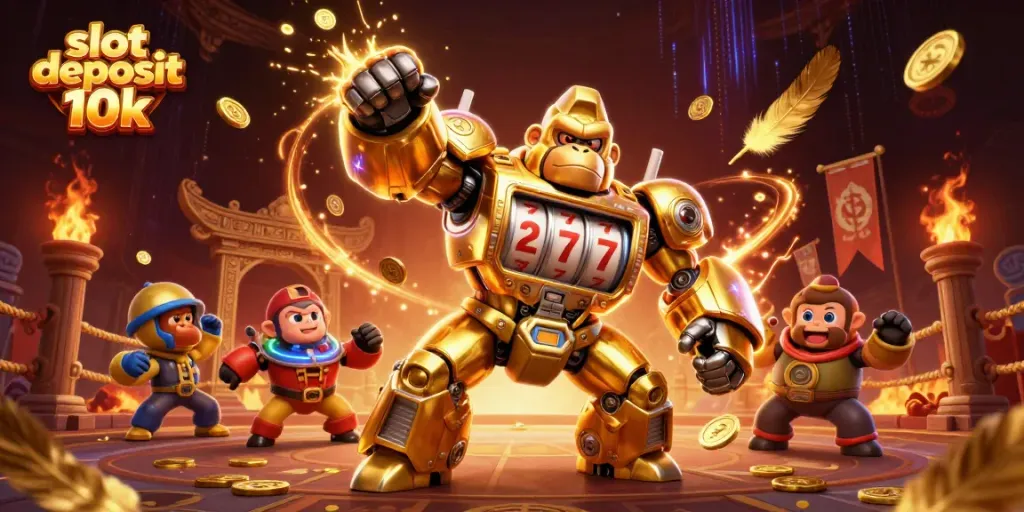 Spin to win with engaging visuals of slot deposit 10k featuring a dynamic golden gorilla mech.