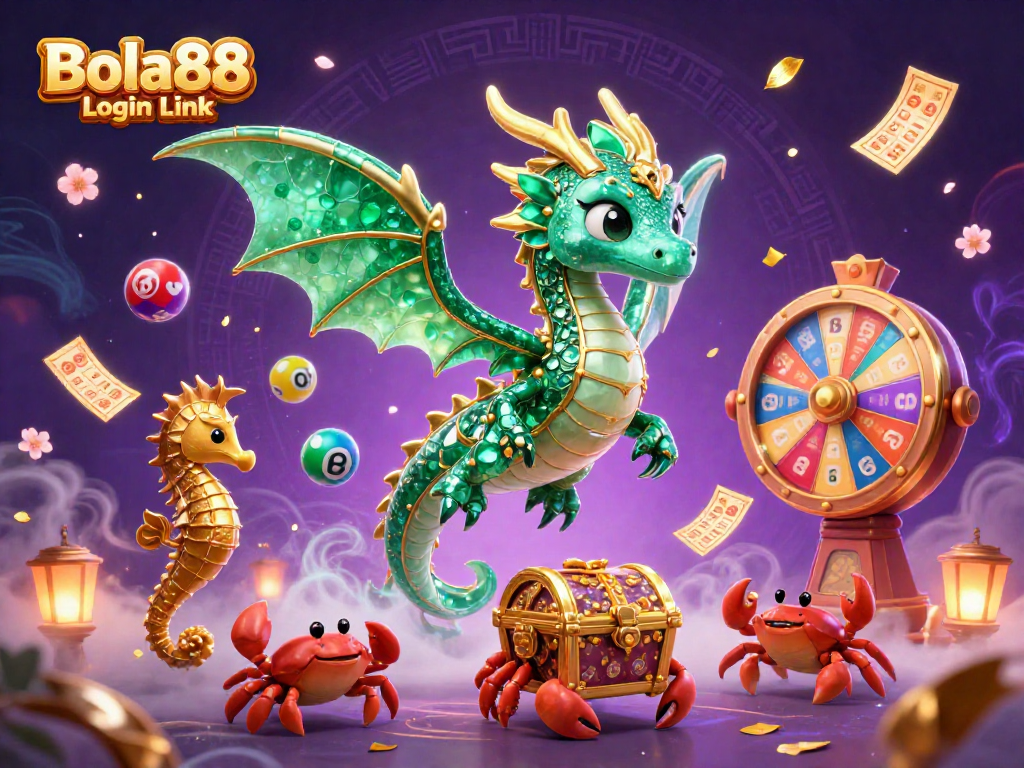Bola88 Login Link shines brightly in this lively 3D illustration showcasing a vibrant casino treasure scene.