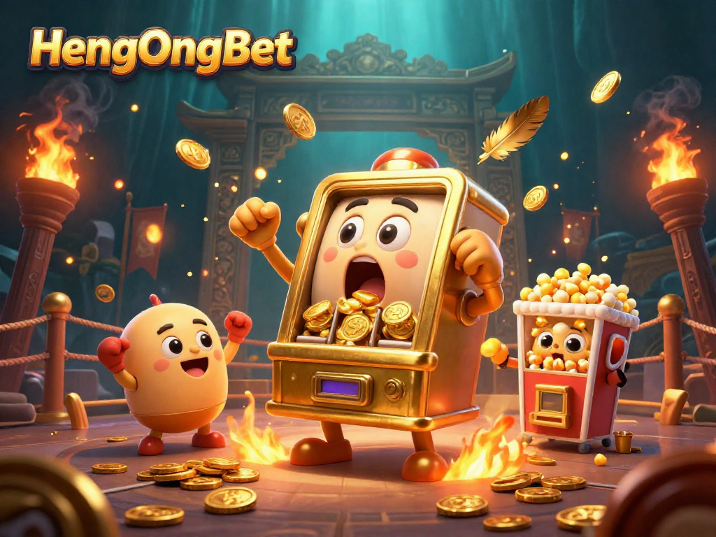 Engage with HengOngBet's exciting slots as a golden machine celebrates its jackpot!