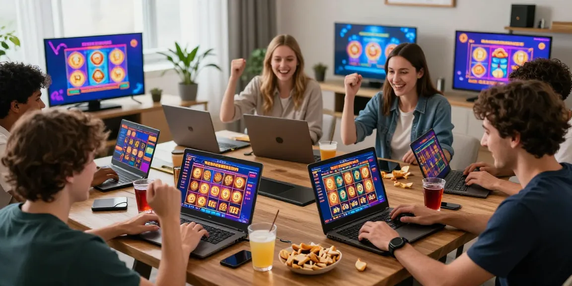 GARUDA55 players enjoying vibrant online slot gaming in a dynamic living room.