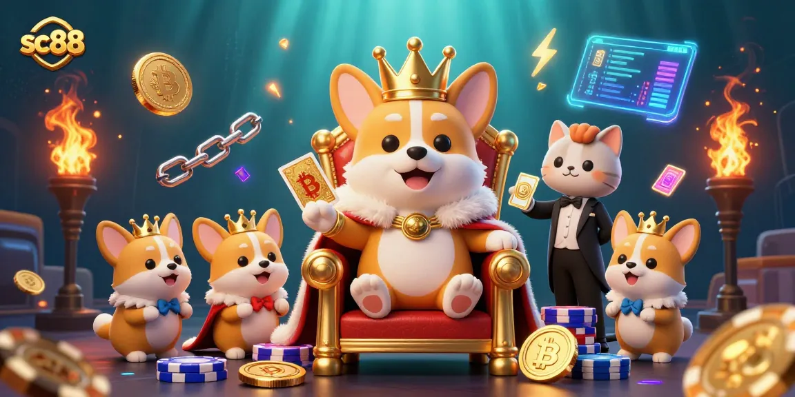 Spin the reels with SC88's royal corgi and crypto coins in this lively casino scene.