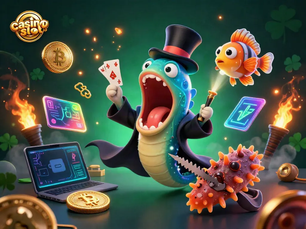 Ignite your win with the dazzling casino slot scene featuring a magician's card tricks and glowing coins.
