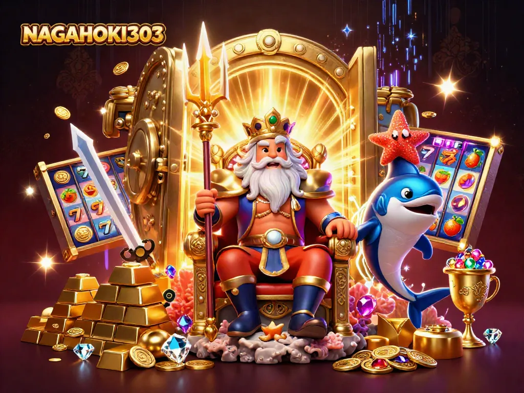 Slot yang berkilau dengan simbol ajaib dan NAGAHOKI303 yang mengundang pemain baru.
