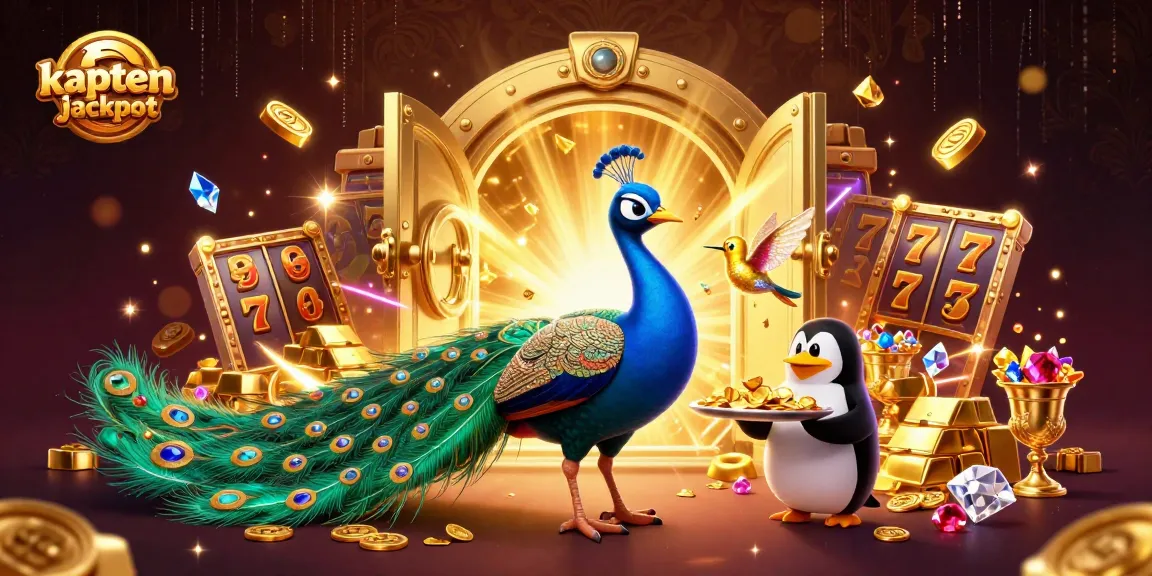 Engage with kaptenjackpot in an immersive 3D casino adventure featuring a peacock and golden treasures.