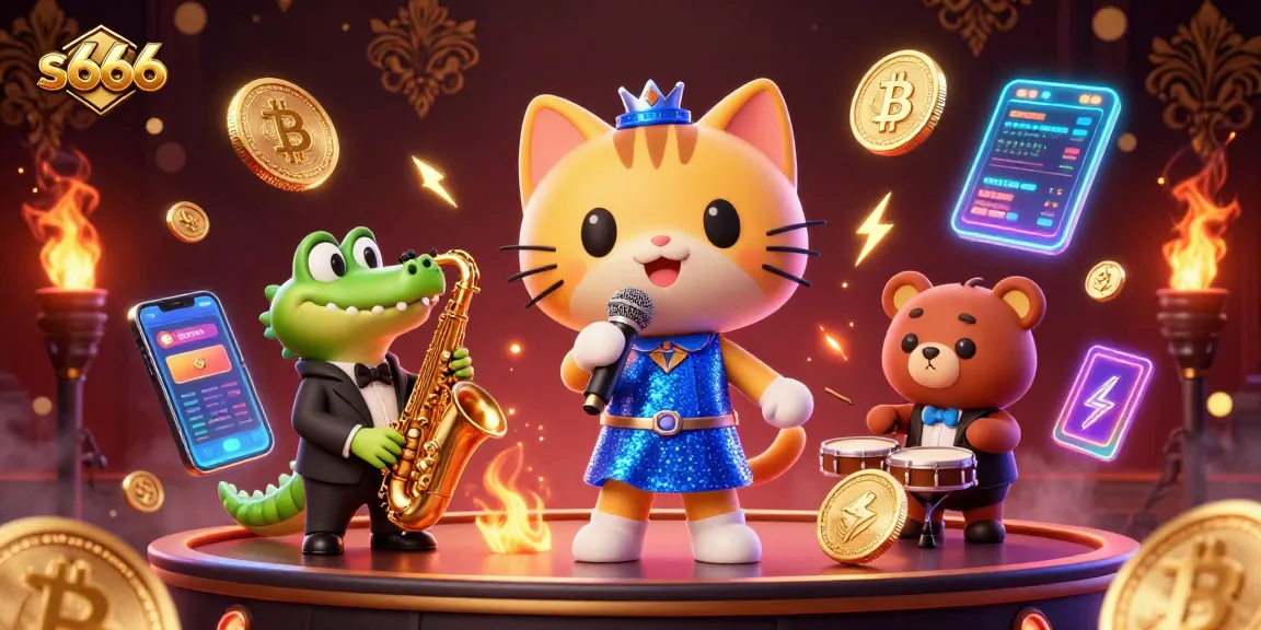 Experience high-stakes fun at s666 with a lively casino scene featuring colorful characters and crypto elements.