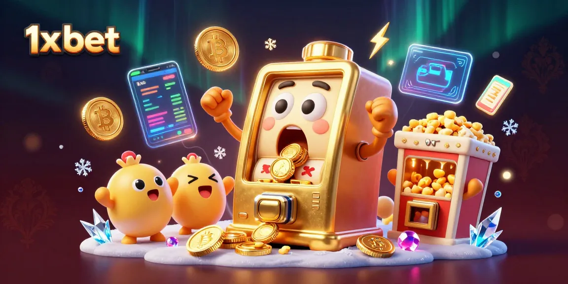Experience the thrill of 1x bet with animated slot machines celebrating a big win amidst vibrant crypto elements.