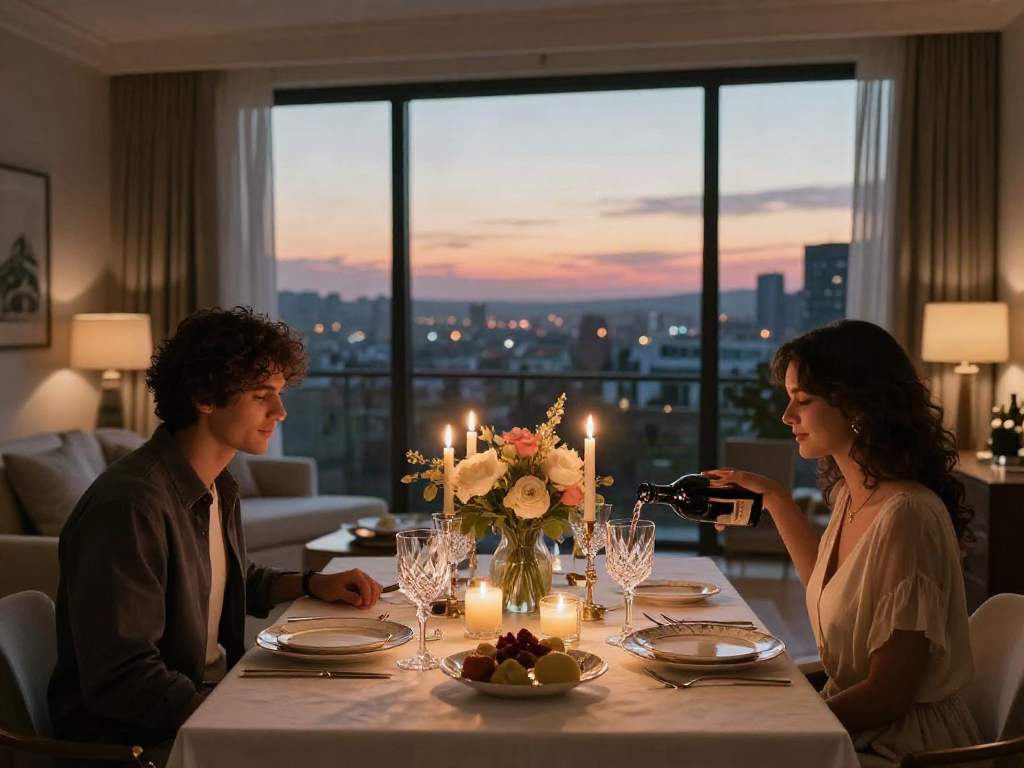 Pengalaman romantis LUXURY 111 di dalam ruangan elegan dengan makanan mewah dan suasana matahari terbenam.