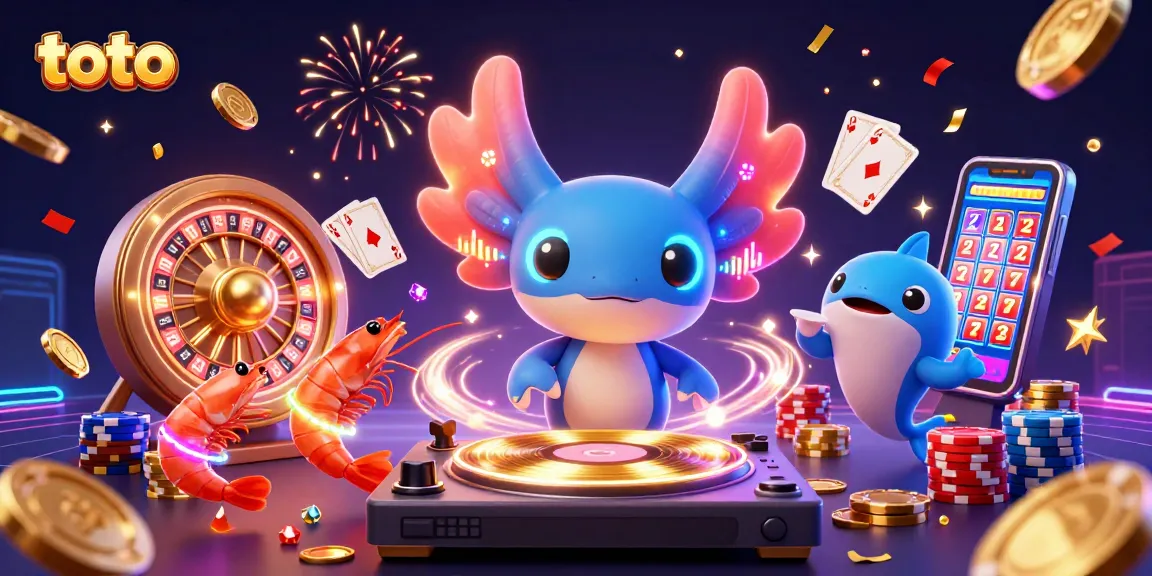 Toto slot players winning big with colorful characters, coins, and gems in a vibrant casino scene