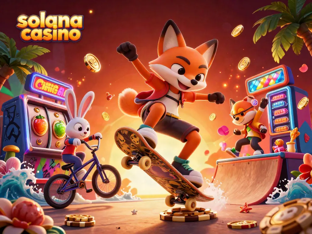 Engaging scene showcasing a solana casino theme with a skateboarder fox and BMX rabbit amid vivid casino elements.