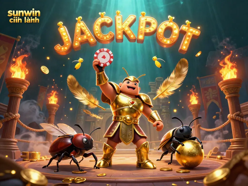 A dramatic scene showcasing sunwin chính hãng with a victorious beetle in golden armor lifting a poker chip, surrounded by casino elements and fireflies.