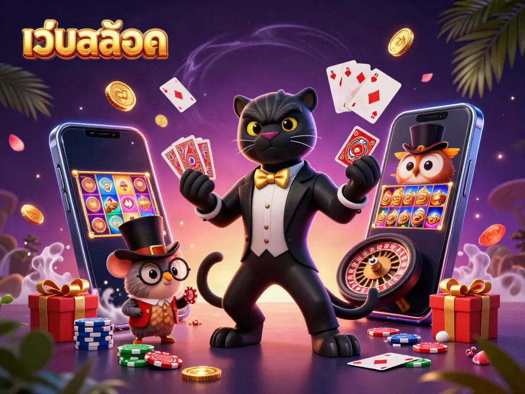 Engage in เว็บสล็อต excitement with a stylish panther dealer, owl with poker chips, and lucky mouse in vibrant casino scene.