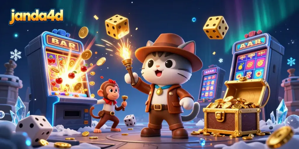 Menangkan jackpot di janda4d dengan simbol slot berkilauan dan karakter menggemaskan.