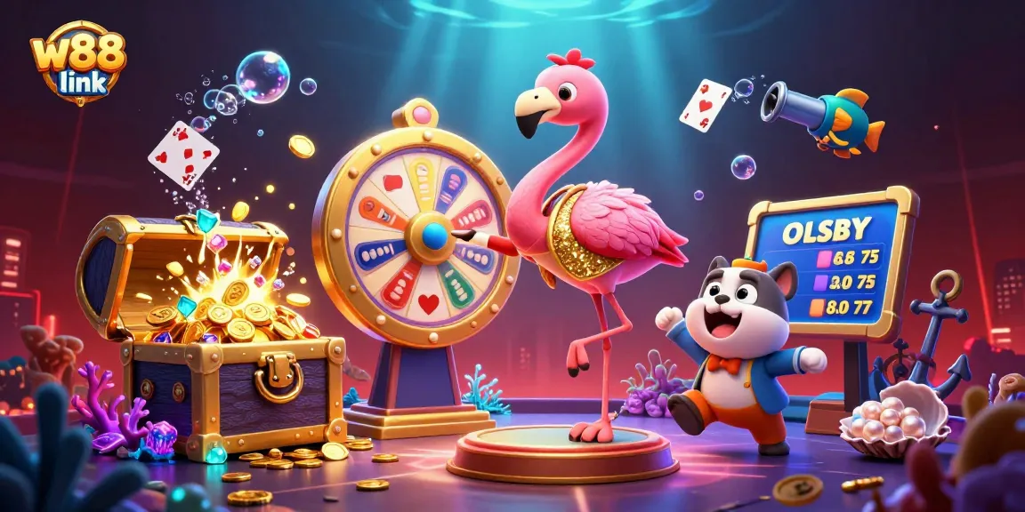 Engage players with the w88 link in an exciting 3D casino-themed scene featuring vibrant characters.