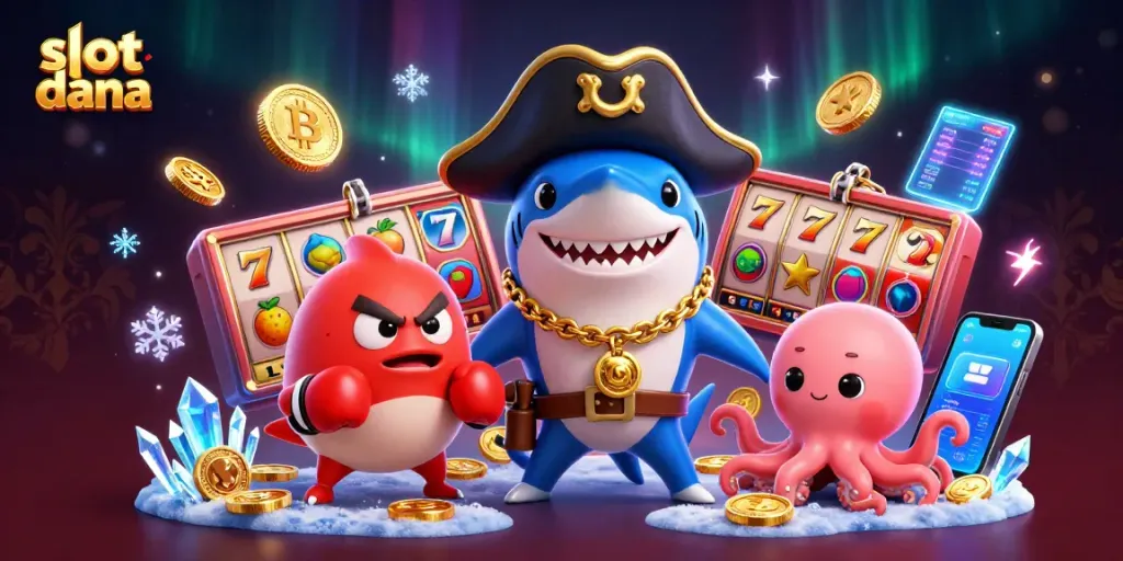 Slot dana menampilkan hiu kartun dan karakter ikan puffer bermain mesin slot yang menguntungkan.
